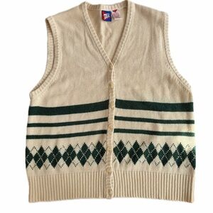 VTG 80’s Tail Sweater Vest Knit Argyle Cream/Green Sz L Cottage Grandpa Core
